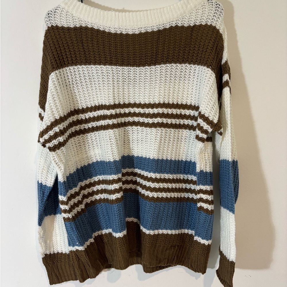 Women’s Medium Long Sleeve Knitted Striped Sweater Casual White Brown Blue